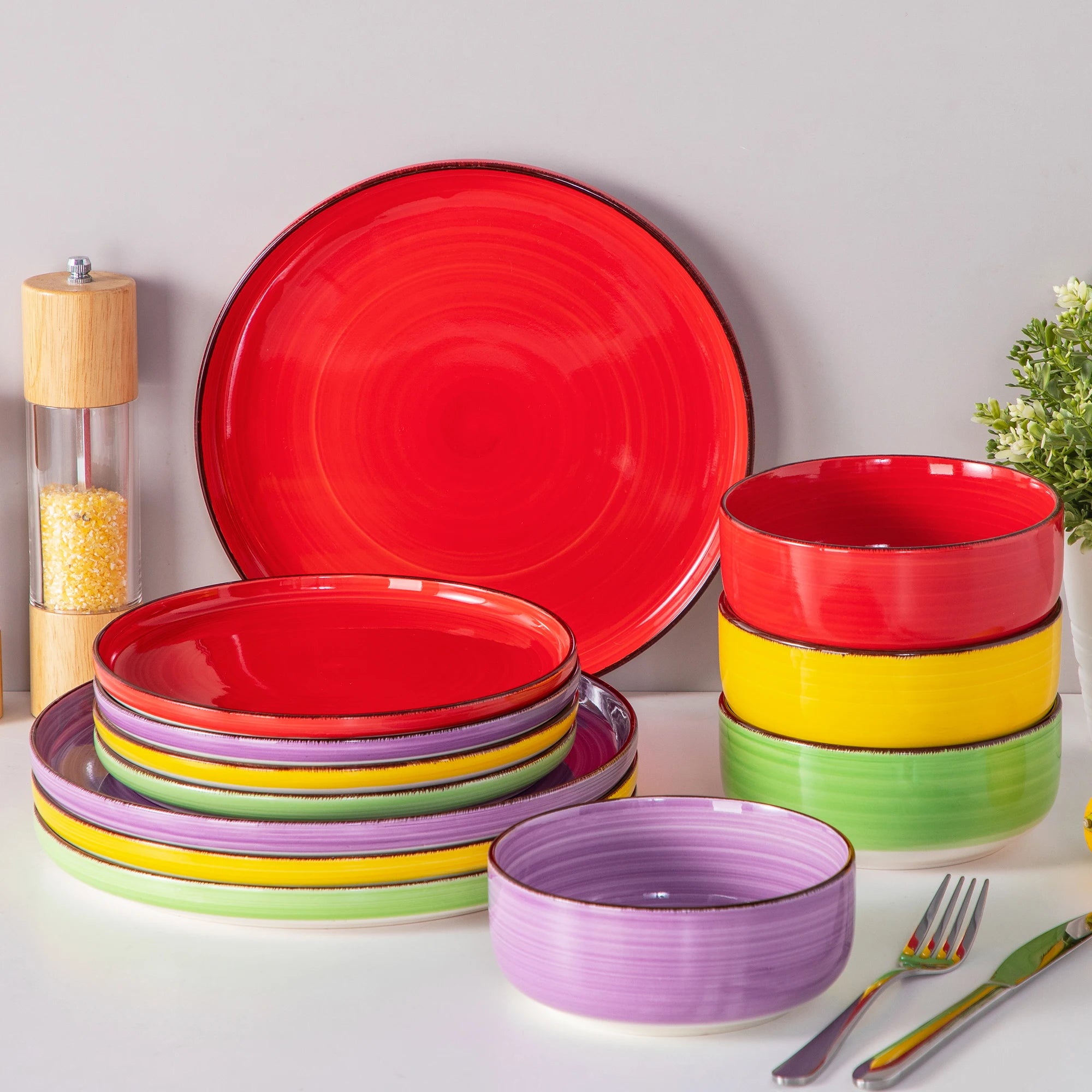 vancasso 12/18/24PCS Ceramic Plate Set Mix-Color Handpainted Spirals Pattern 4/6PCS Dinner Plates/Dessert/Bowl/Soup Plates